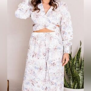 Pink Lily Rising Sun Blue Leaf Print Tie Front Crop Blouse & Pants XL